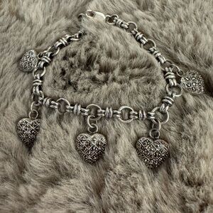 Vintage Crystal Marcasite Hearts Sterling Silver Link Bracelet Adjustable